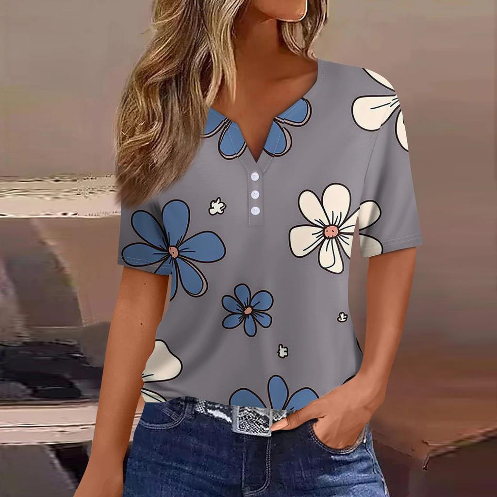Женская повседневная футболка с v-образным вырезом и короткими рукавами, декоративная футболка на пуговицах, топ