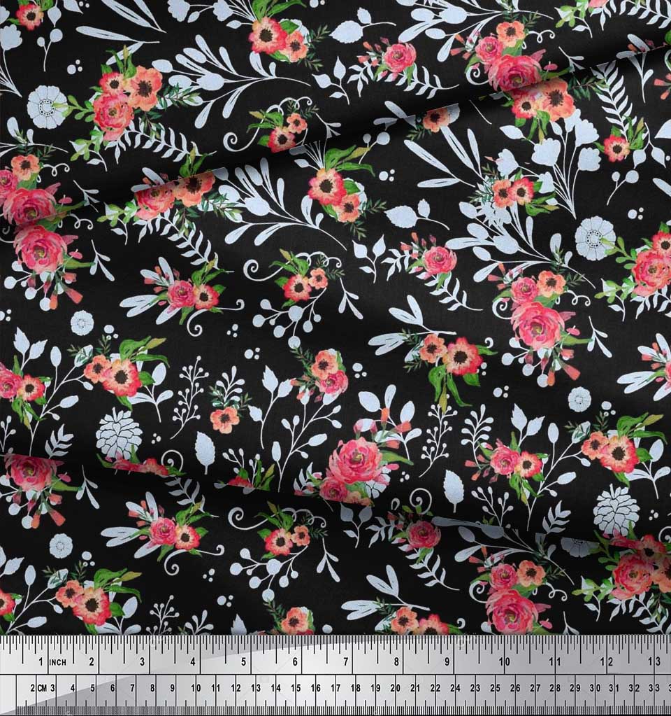 Soimoi Японский креп-атласная ткань с листьями и цветочным принтом мака и анемоны, ткань с принтом на метр, 42 дюйма