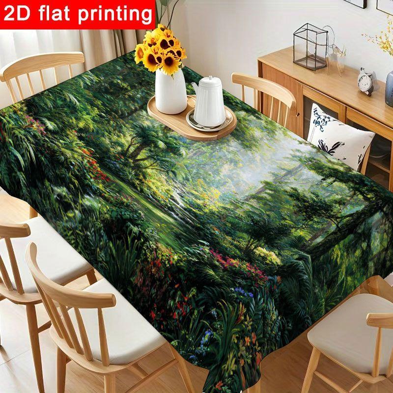 1pc Lush Tropical Rainforest Tablecloth - Colorful Polyester Table Cover with Serene Jungle Scene, Reusable & Easy to Clean for Birthday Party, Holida