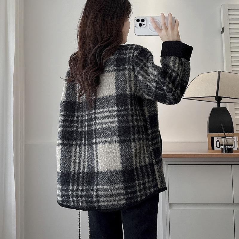 Повседневные клетчатые куртки с круглым вырезом женские винтажные свободные теплые однобортные куртки с карманами женские пальто весна осень универсальная верхняя одежда