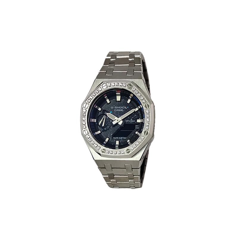CASIO Customized watch modified series diamond-encrusted silver stainless steel case fashion trend waterproof 200 meters GA-2100SKE-7A