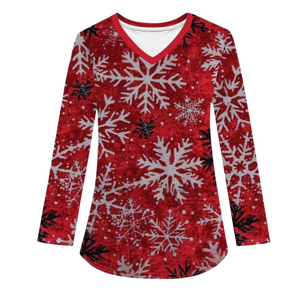 Женская модная рабочая одежда с V-образным вырезом, длинным рукавом и карманом, рождественский принт, футболка, топ