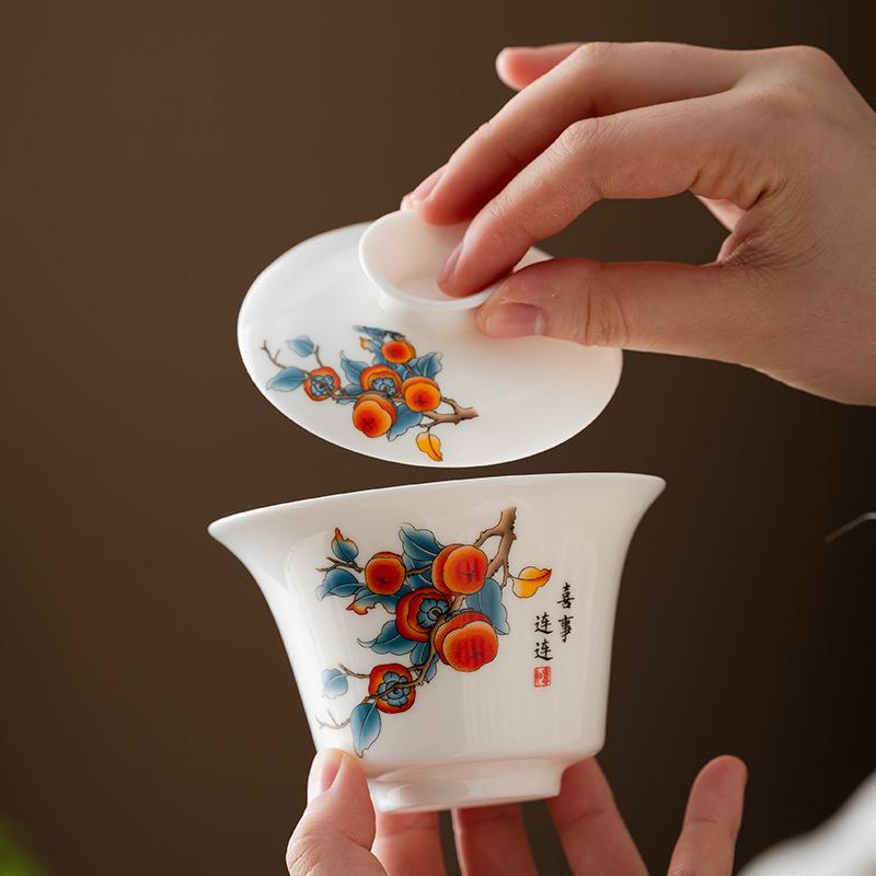 Suet jade happy event tea set/Dehua porcelain tea set/cover bowl set company gift box business