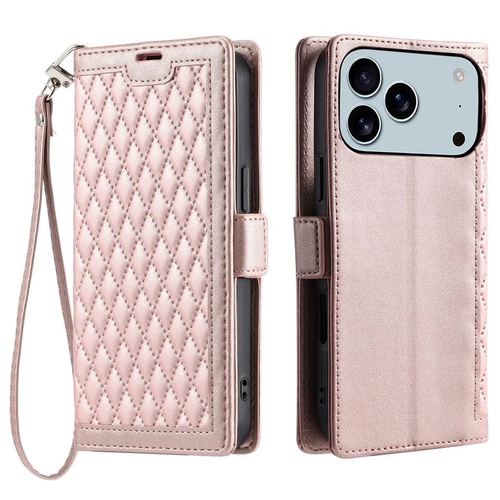 For iPhone 17 Pro Max Leather Case Rhombus Texture Wallet Stand Phone Cover with Wrist Strap