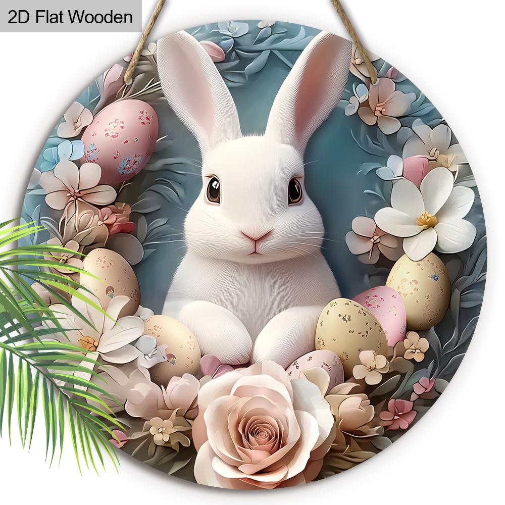 2D Flat 1pc Easter “Rabbit Flower” Logo Wooden Round Hanging Decoration, Spring Garden Balcony Ornament, Indoor/Outdoor Statue Wall Hanging, Country