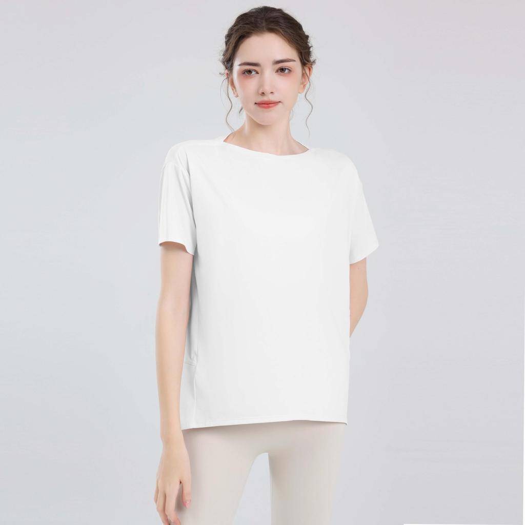 Женский спортивный жилет телесного цвета: Свободные, закрывающие бедра, стройнящие топы для йоги и летние тренировочные футболки с короткими рукавами.