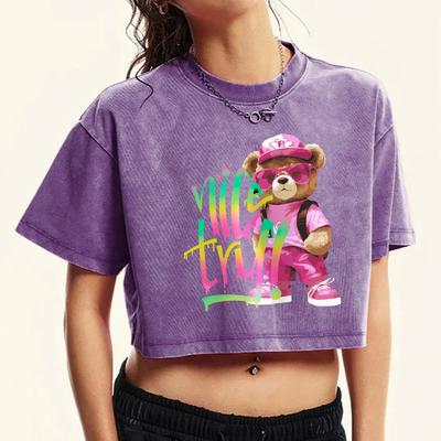 Красочная розовая футболка с принтом мультяшного медведя, женская, ретро, удобная, хлопковая, повседневная одежда, приталенная