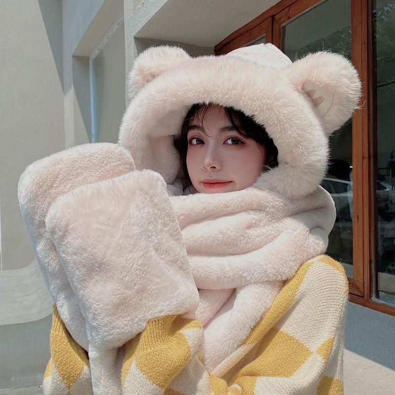 Bear Hat Scarf One-piece Female Cute All-match Winter Thickening Warm Plush One-piece Hat
