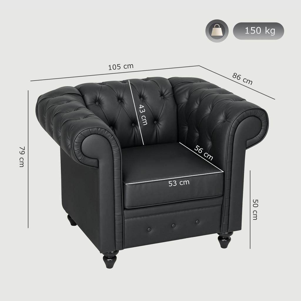Chesterfield Style Living Room Armchair in PU Faux Leather with Wooden Legs, Black