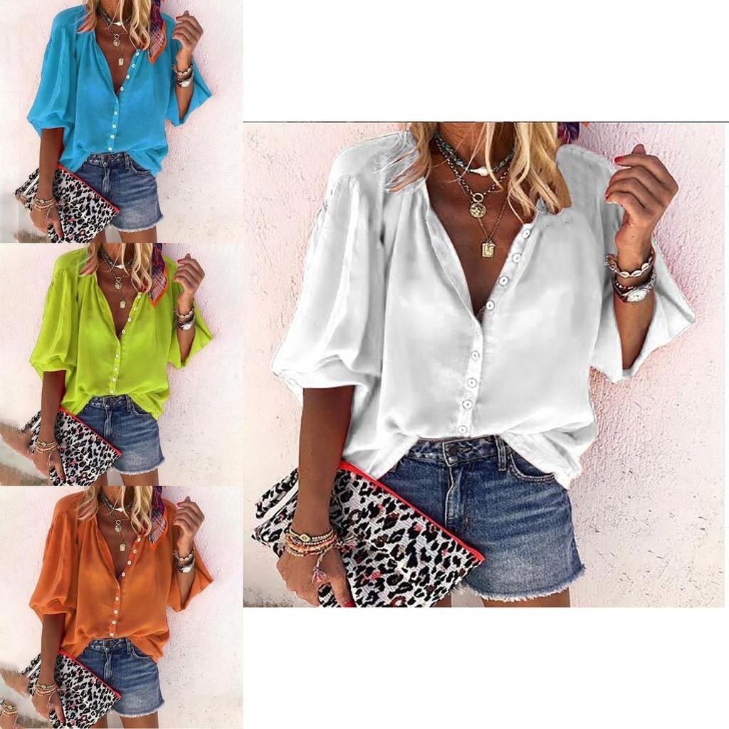 Stylish Women's 3/4 Sleeve Shirt Top Comfortable Loose Fit Button Down Blouse T-shirt
