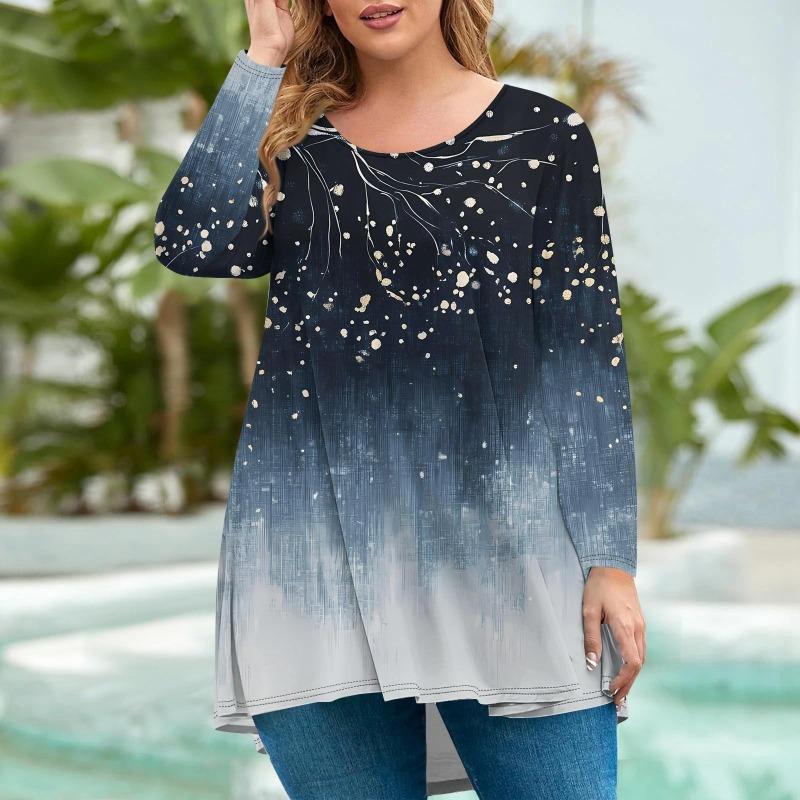 Женская мода большого размера с круглым вырезом и длинным рукавом, повседневный свободный пуловер с принтом, топ, футболки женские