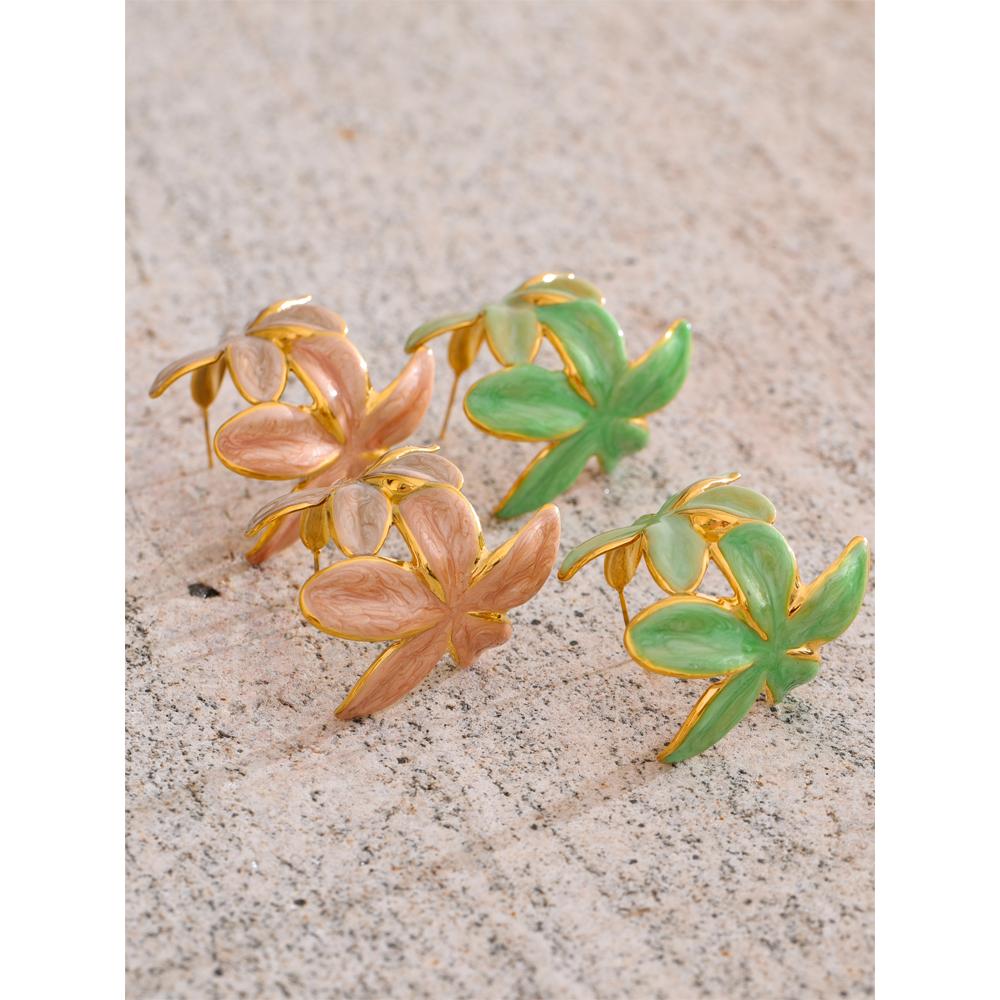 Eetit Зеленые Розовые Эмалевые Золотистые Серьги-Хугги с Цветком для Женщин Изысканная Нержавеющая Сталь Повседневные Универсальные Модные Ювелирные Изделия Подарок