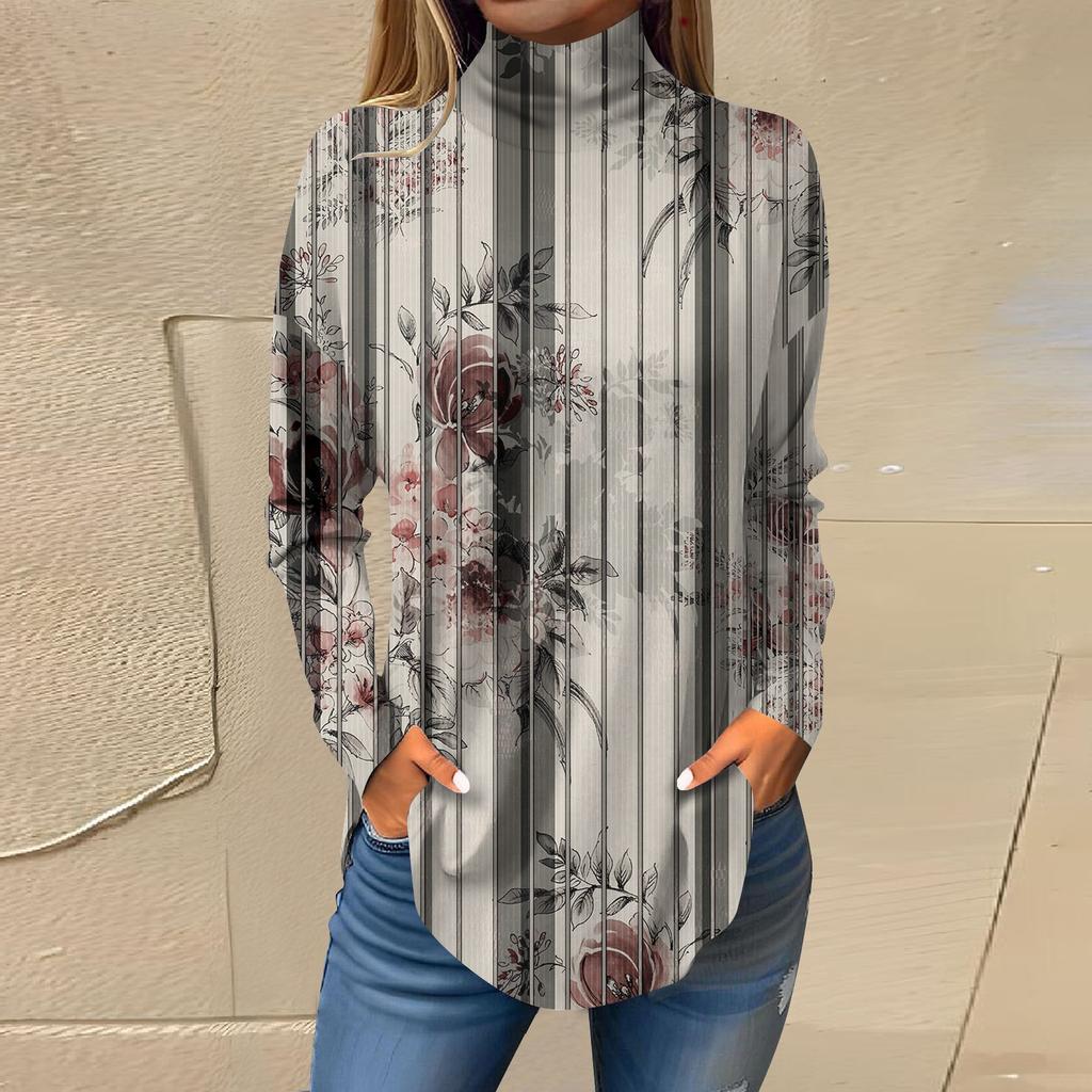 Женская модная повседневная футболка с длинным рукавом с высоким воротом и принтом, пуловер, топ