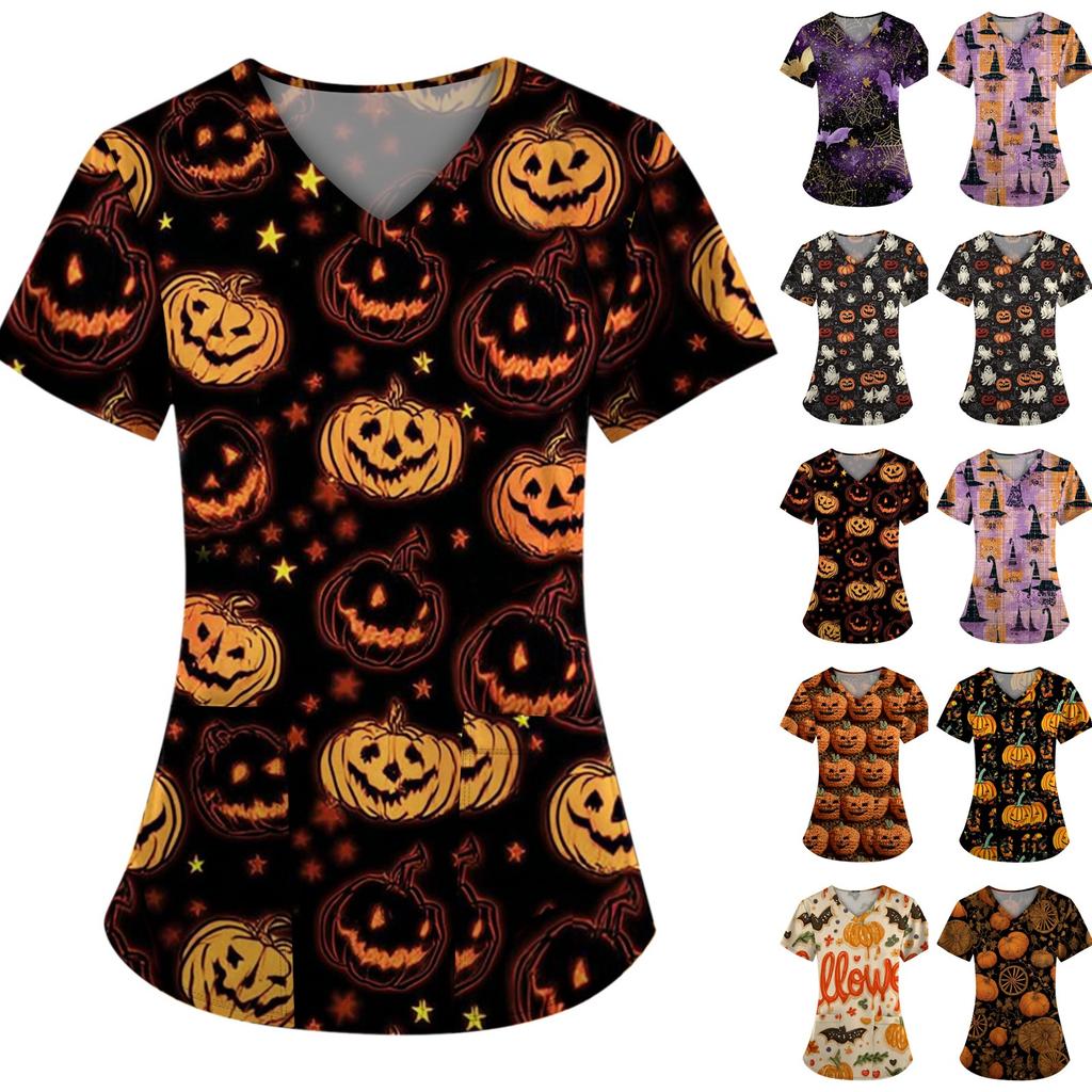 Женская Хэллоуинская Принтованная Свободная V-образная Горловина Карман Короткий Рукав Форма Форма