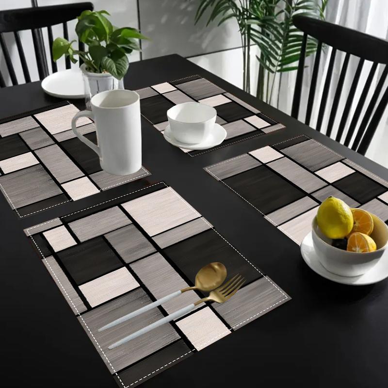 Of 4, Black And Grey Geometric Table Mats, 12X18 Inches Linen Rectangular Table Mats, Contemporary Geometric Plaid Design for Holiday Celebrations