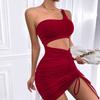 Women Summer Casua Single Shoulder Backless Drawstring Hollow Solid Color Party Dress