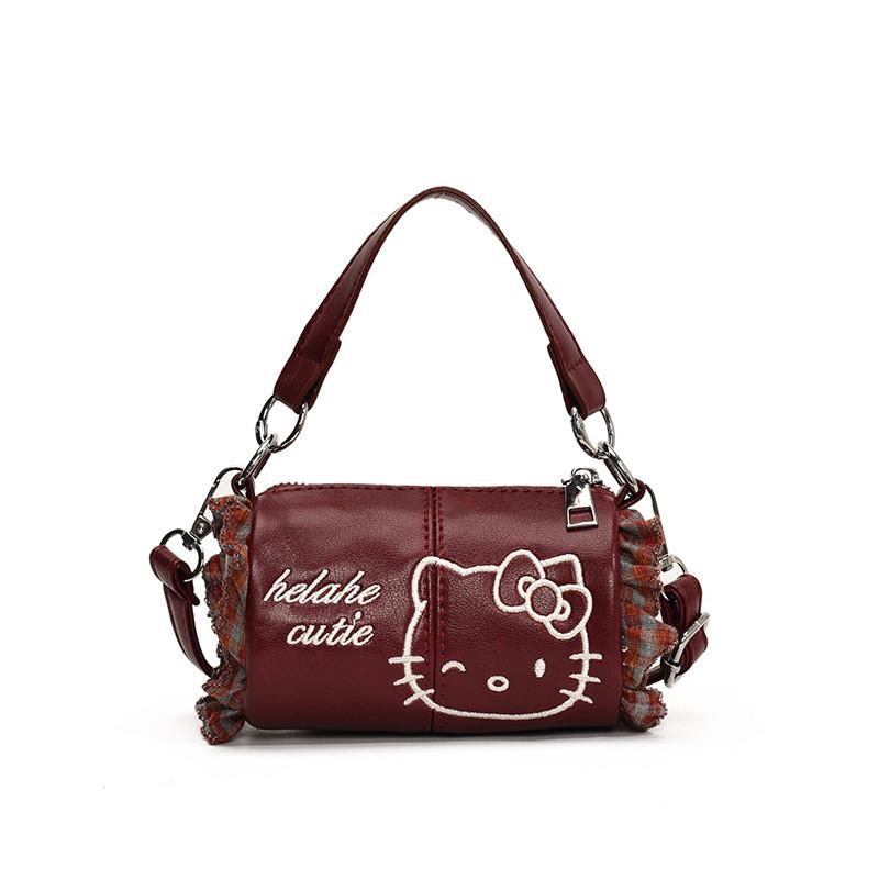 Kitty Hello Embroidered Grid Lace Decor Women Single Shoulder Cylindrical Bag