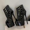 Черные Женские Сексуальные Туфли с Открытым Носком для Вечеринки, Танцев на Пилоне, Модные Ботильоны на Молнии до Щиколотки, Супер Высокий Каблук, Ботильоны на Платформе, Женские