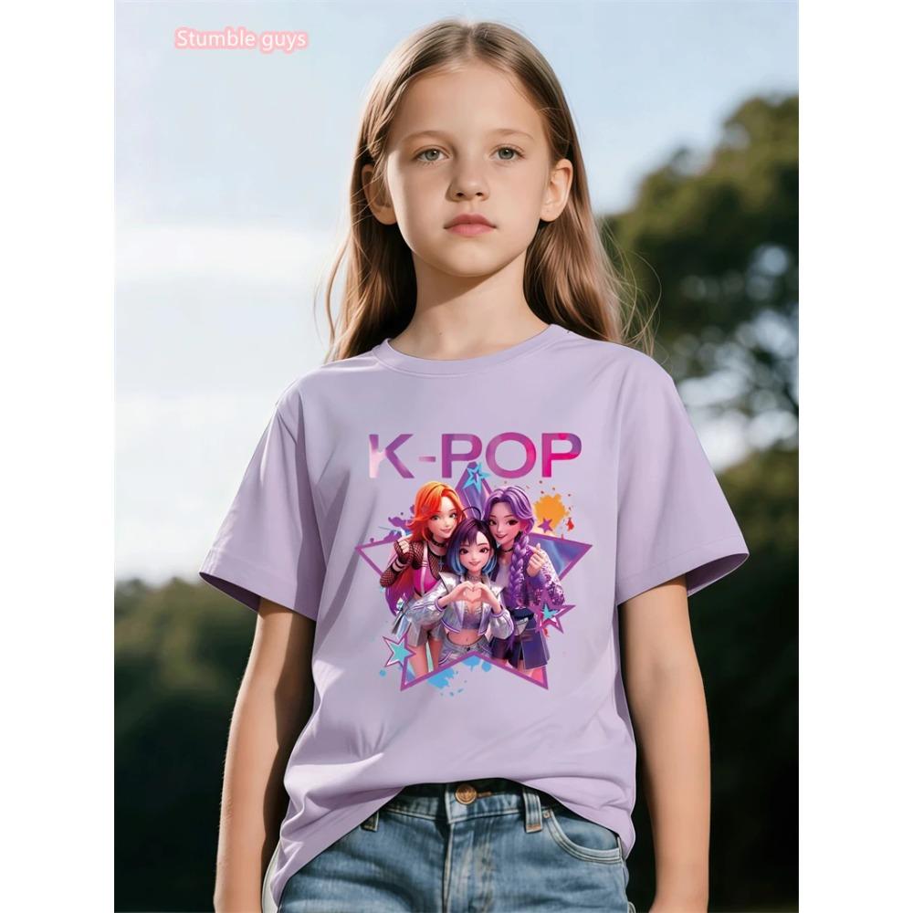 Girls Anime Kpop Theme T-Shirt 2026 Summer Style Cute Graphic Print Short Sleeve Soft Comfortable Anime Clothes Kids Tee
