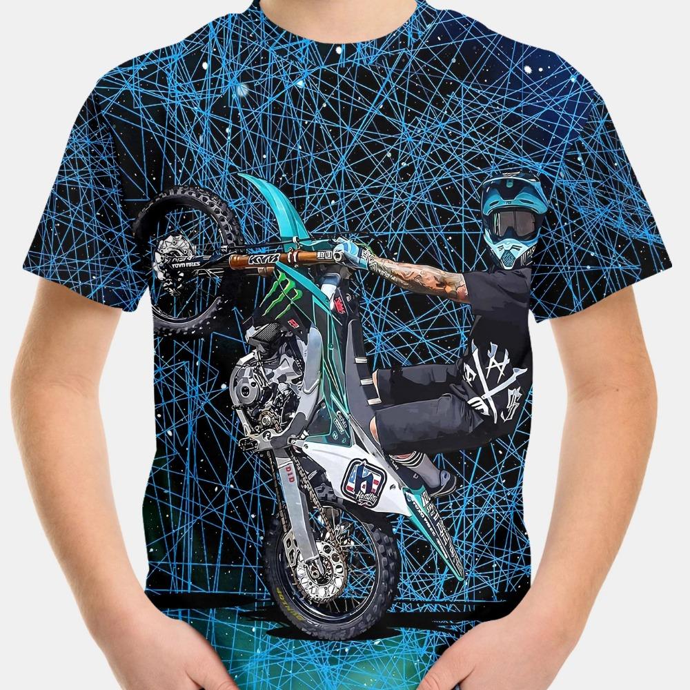 Летняя детская одежда 2025 года, детская футболка с мотоциклом, 3D-печать, короткий рукав, свободные топы для мальчиков и девочек, уличная одежда