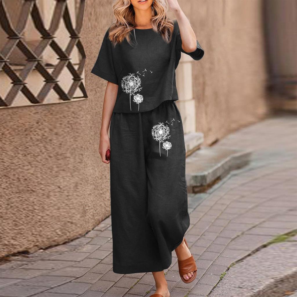 Женская мода, повседневные топы с круглым вырезом и принтом, брюки, костюм с короткими рукавами