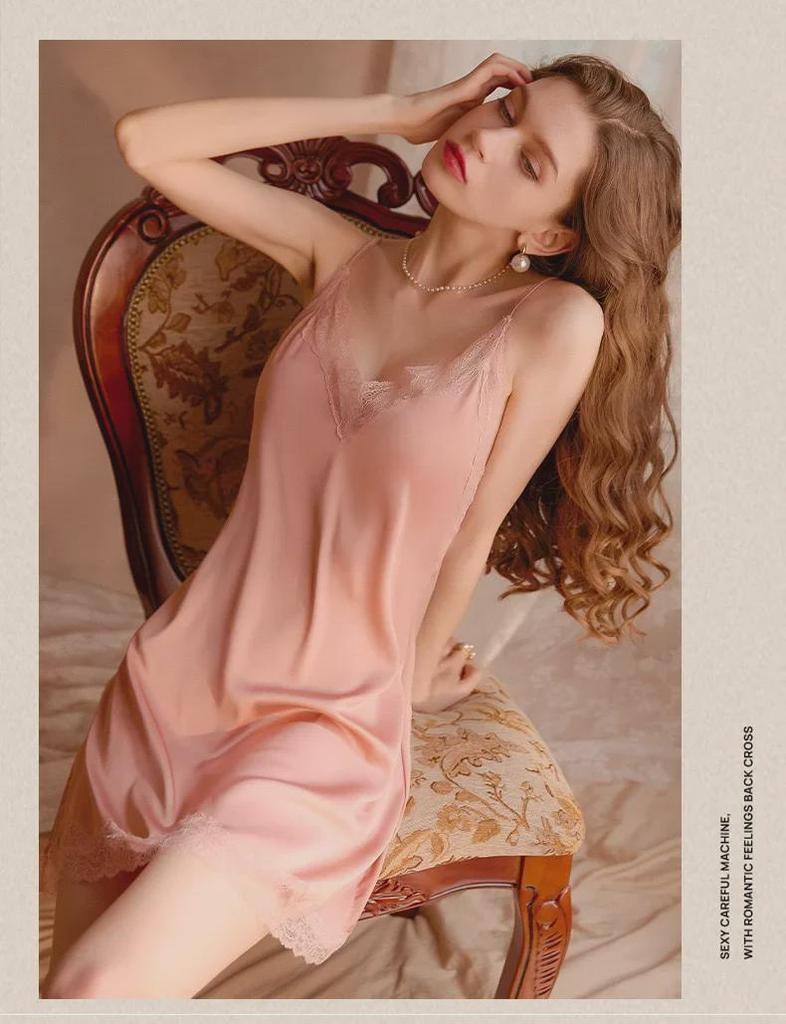 Летняя женская ночная рубашка из ледяного шелка с кружевом 2024 года — тонкая, сексуальная, высококачественная пижама