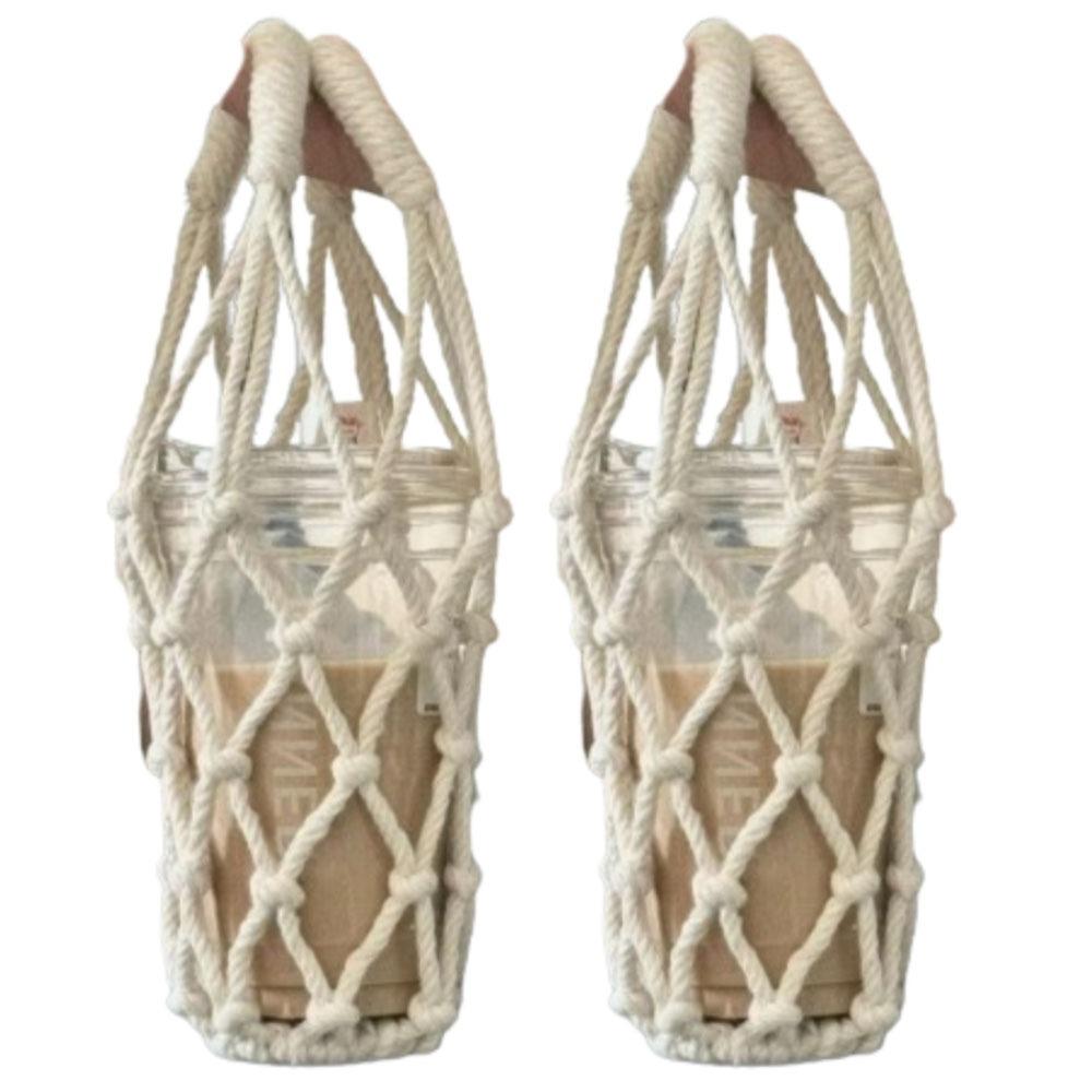 2Pcs Woven Water Bottle Bags Hollow Out Water Cup Mesh Bag Crochet Cup Holder  For Outdoor Carrying