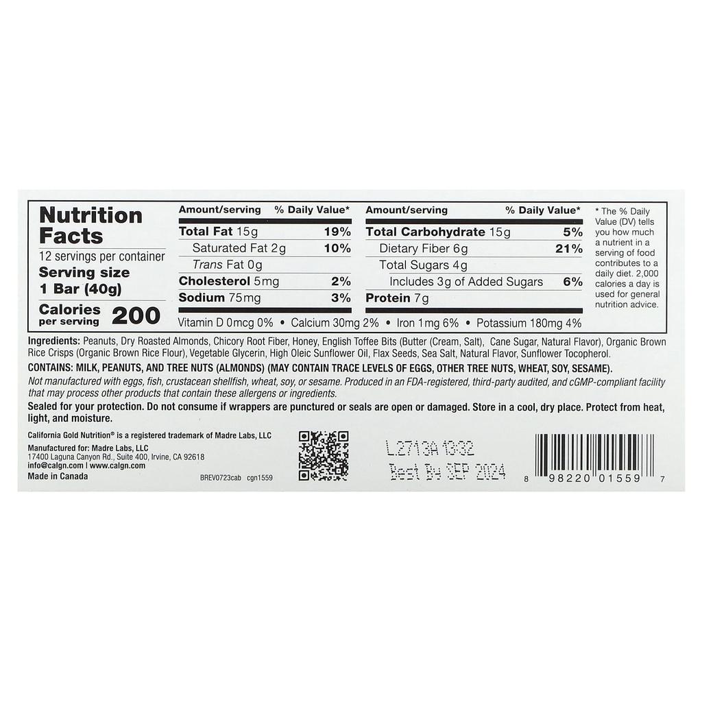 California Gold Nutrition Foods, Caramel & Almond Bars, 12 Bars, 1.4 Oz (40 G) Each