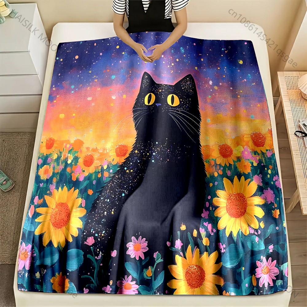 Sunflower Cat Theme Print Blanket Large Size Lightweight Super Soft Cozy Home Bed Sofa Office Tennis Court Available Great Gifts