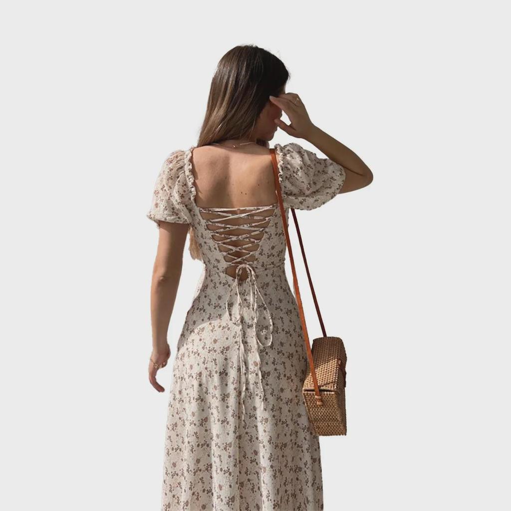 2025 Floral Print Waist-Cinched Mid-Length Dress - European & American Style