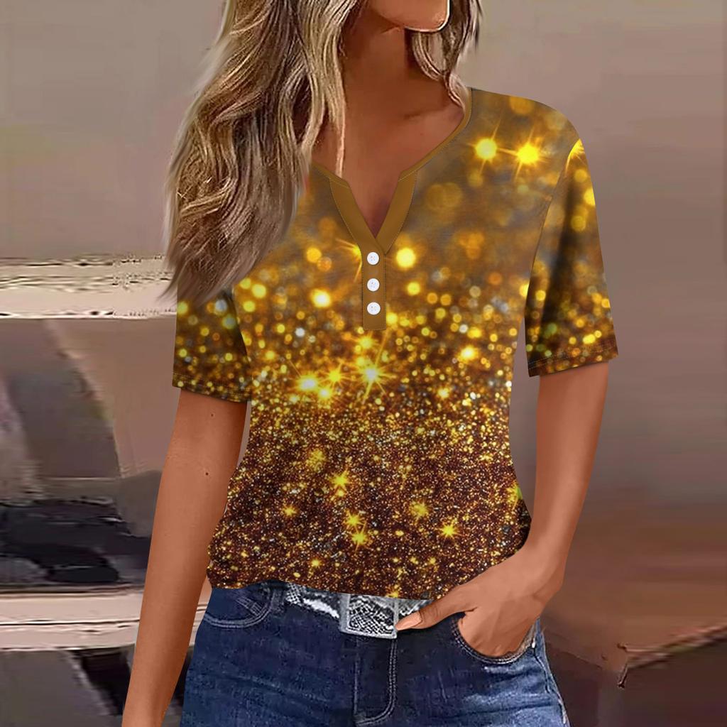 Жен. Футболка Футболка С принтом Пуговицы С короткими рукавами Повседневные Выходные Мода Классический V-образный вырез Обычный Верх