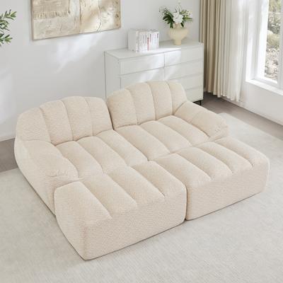 2-Seater Modular Sofa with 2 Ottomans, Boneless Sofa Made of 32D High-Density Foam, Living Room & Apartment, Non-Slip, Soft Fabric, Beige White