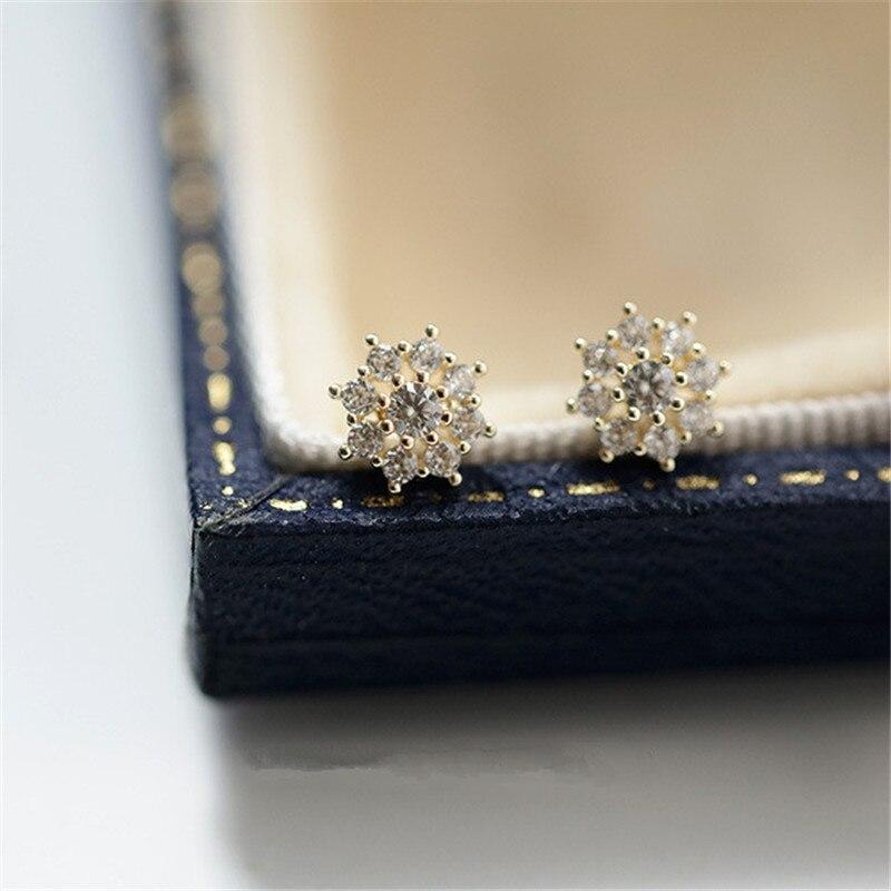 Стерлингового серебра 925 пробы, корейские простые серьги-гвоздики с кристаллами и цветком, женские ювелирные изделия с золотым покрытием 14 карат