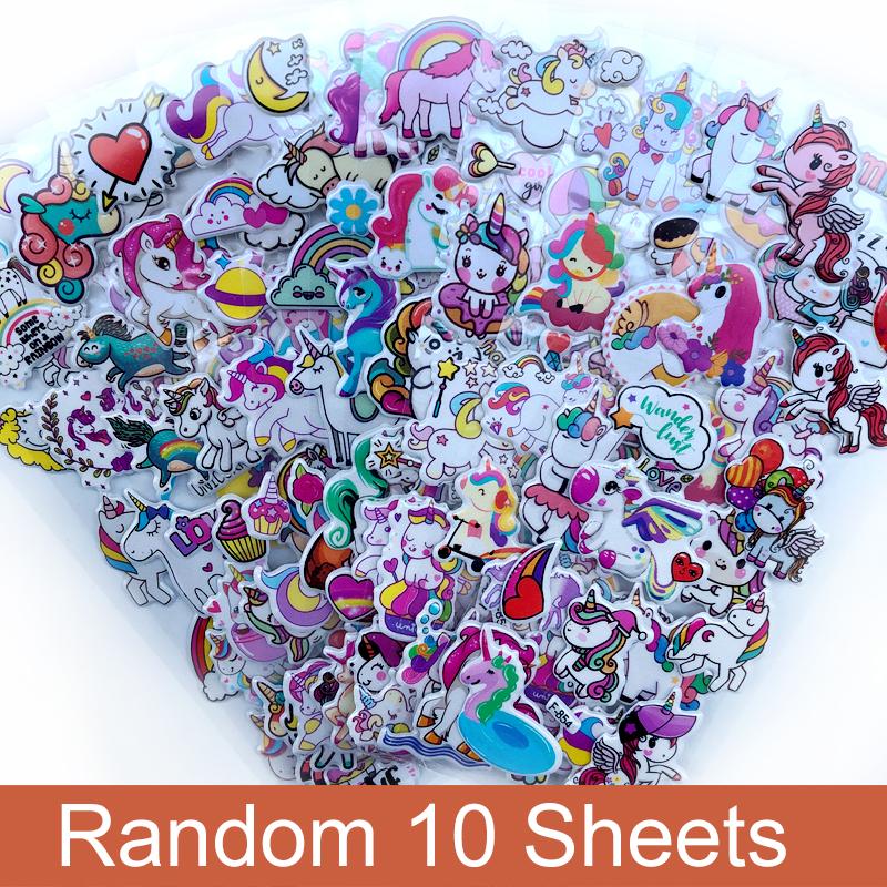 10 Sheets/Set Kawaii Unicorn Stickers for Children Cartoon 3D Bubble PVC Sticker Scrapbook Notebook Decoration