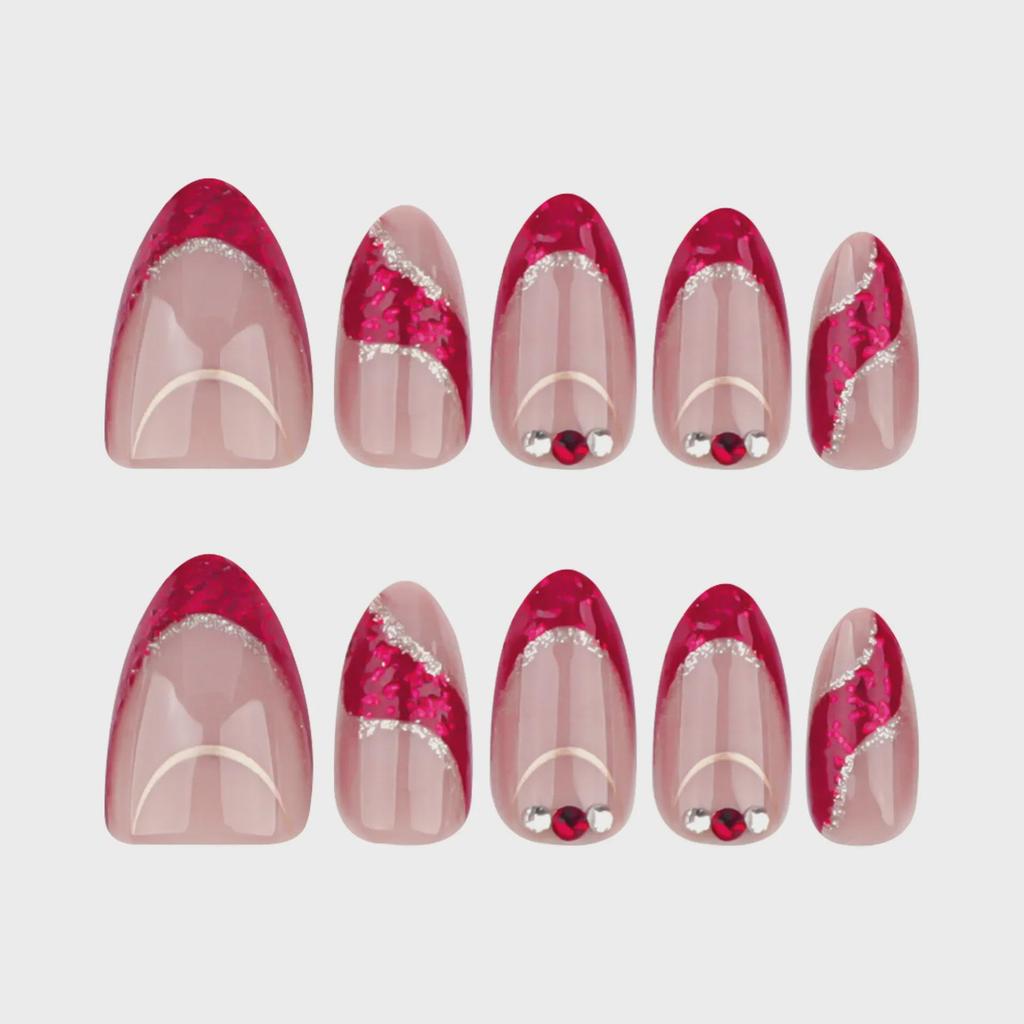 Французский красный блестящий нейл-арт с пайетками: Короткие миндалевидные накладные ногти с бриллиантовым акцентом на осень и зиму