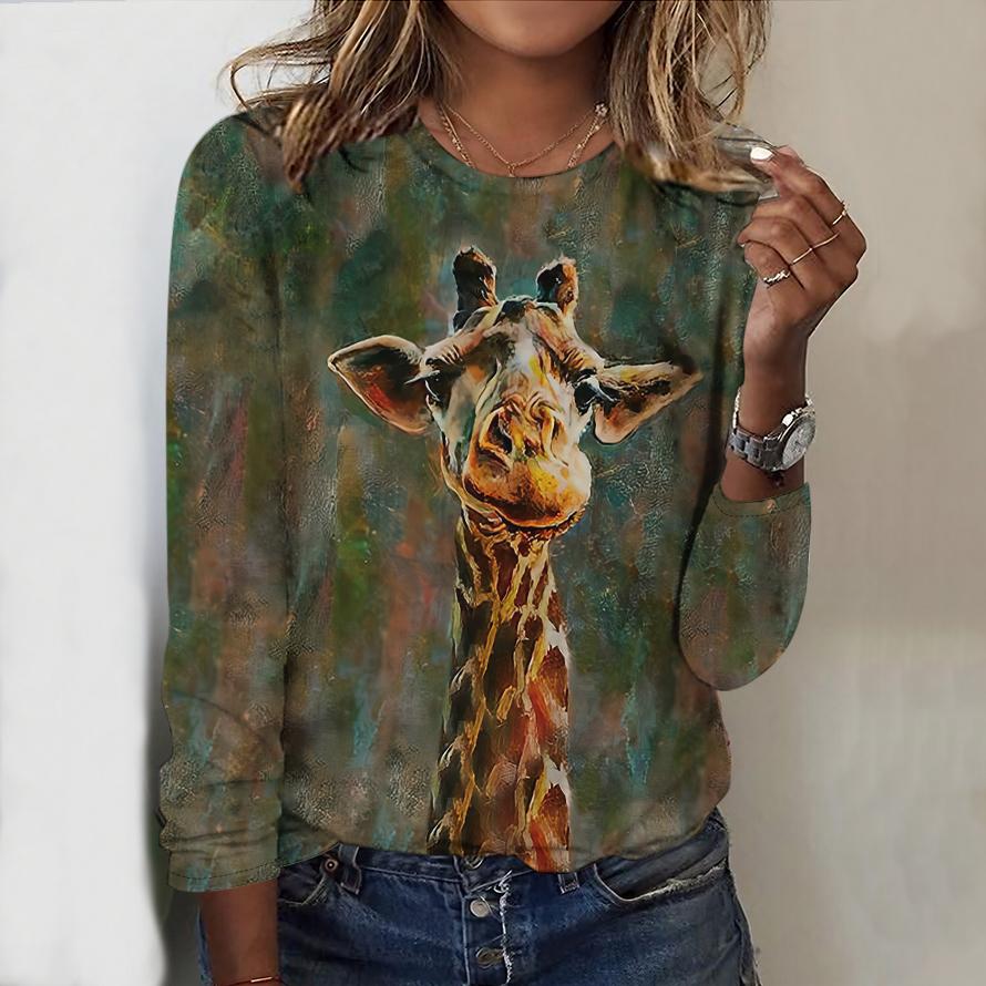 Топы для женщин с принтом радужного жирафа, круглым вырезом и длинным рукавом, футболка, осенний повседневный тонкий пуловер, женский топ с длинным рукавом