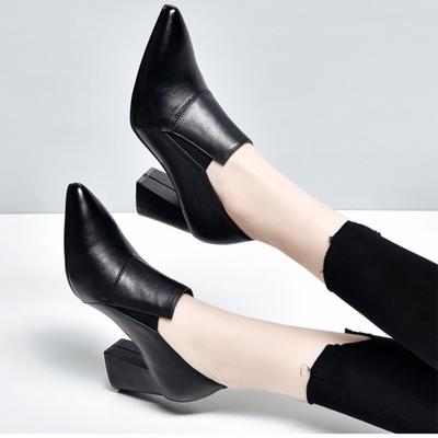 Весенне-осенние новые туфли-лодочки на толстом каблуке для женщин, модные черные с острым носком, удобные, с мелким вырезом, слипоны, одинарные туфли