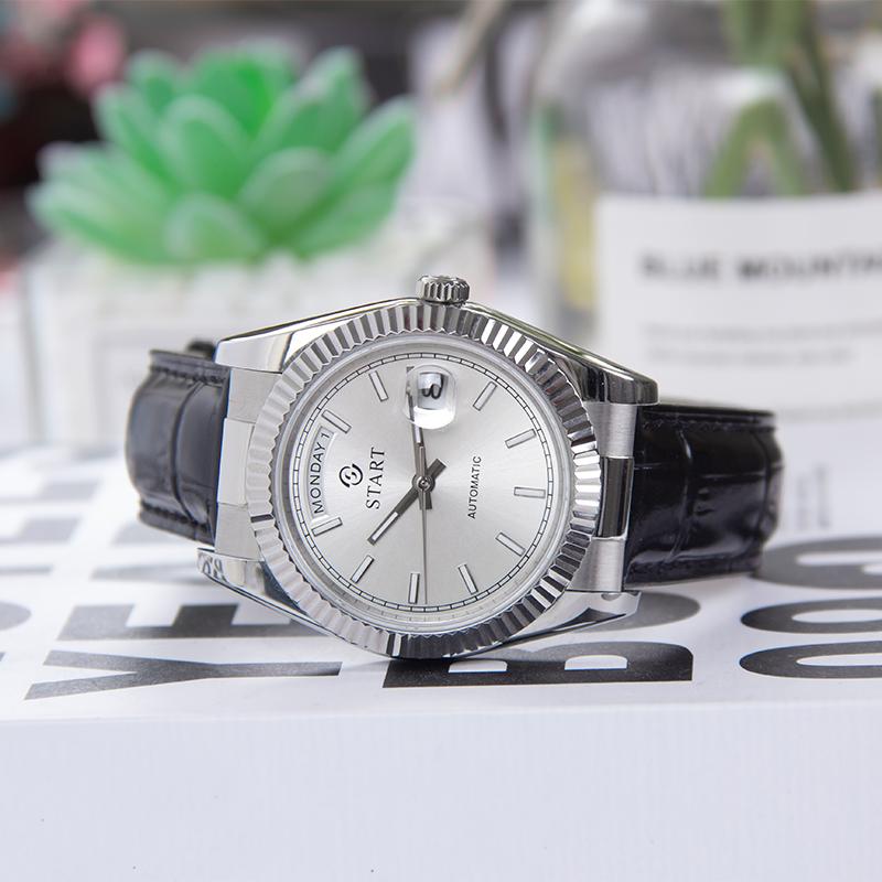 Start Мужские автоматические механические часы со светящимся часовым маркером, модные повседневные мужские часы, кожаные часы с функцией календаря недели