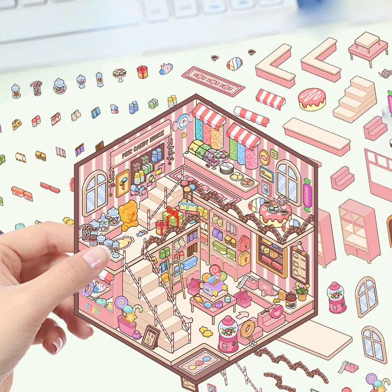 Cartoon Landscape Stickers Multiple Miniature World 3D Hut Unzip DIY Scene Manual Post
