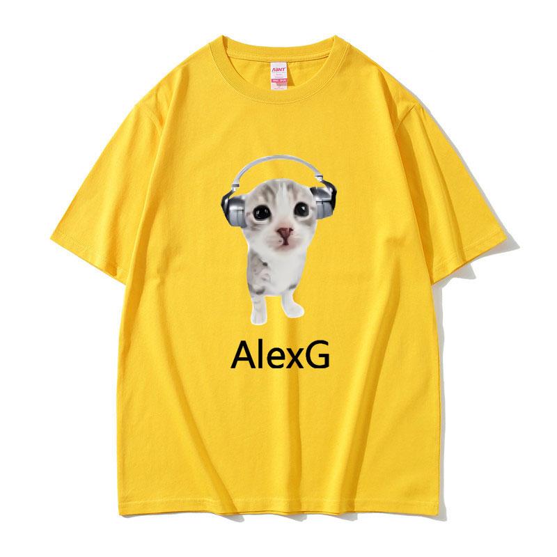 Лето 2025 Певец Alex G Футболка Милый Забавный Кот в Наушниках Мем Графический Принт Мужская Женская 100% Чистый Хлопок Печатная Футболка