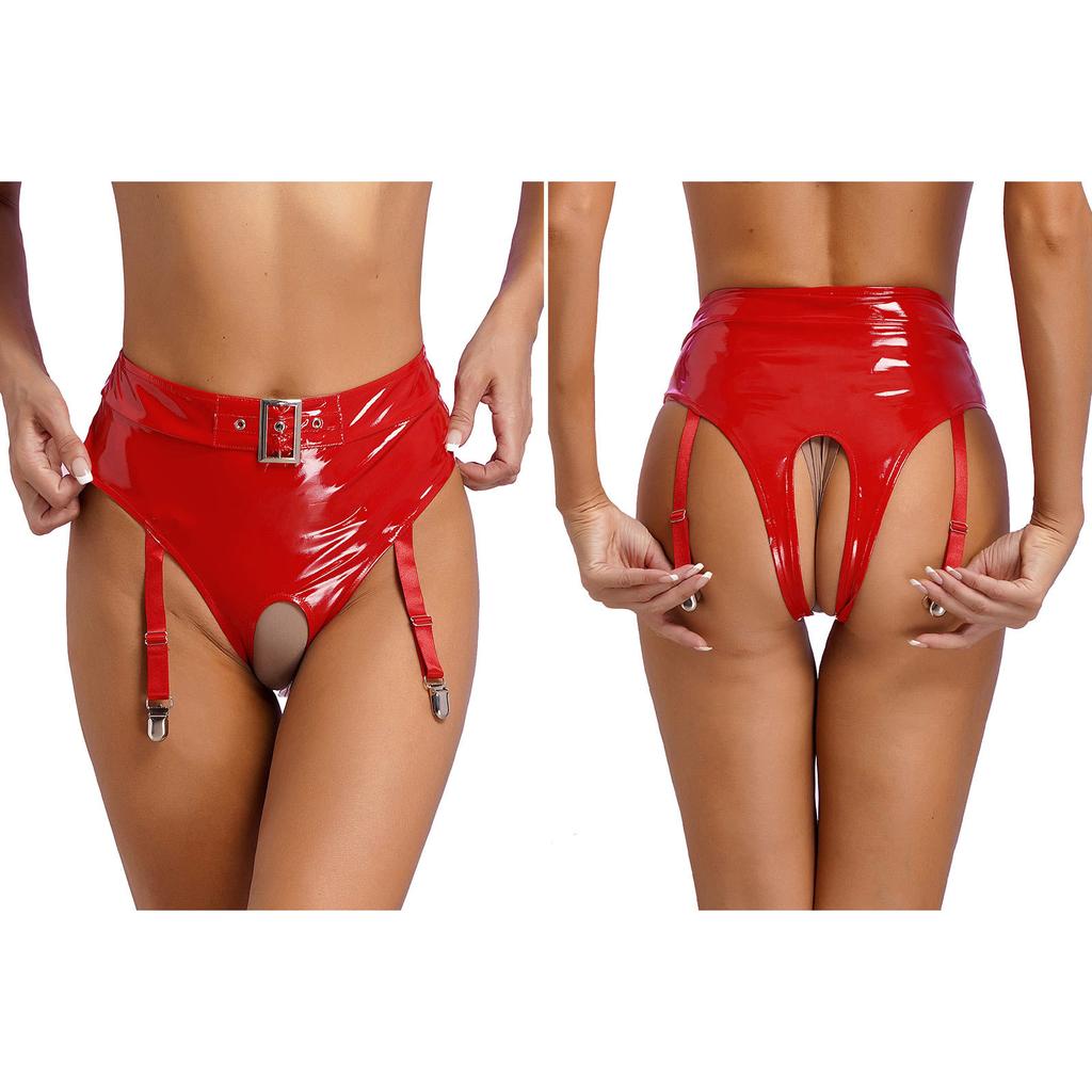 Женские шорты с высокой талией, блестящие шорты, трусы-бикини из лакированной кожи с поясом для подвязок, нижнее белье