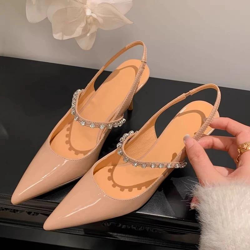 Женские туфли на высоком каблуке с кристаллами, элегантные босоножки с острым носком, туфли-лодочки Singback, тренд 2025 года, новые шлепанцы, туфли для вечеринок, женская обувь