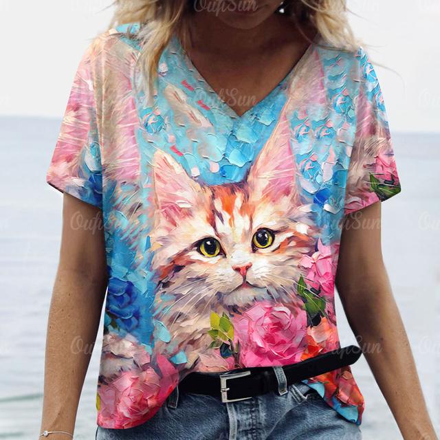 Летняя модная женская одежда с v-образным вырезом, большие размеры, футболки с короткими рукавами, женская повседневная футболка с принтом животных, трендовая милая блузка