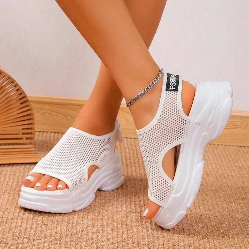 Fashion 2024 Hot Selling New Versatile Women's Shoes Summer Thick Sole Mesh Fashion Casual Hollow Fish Mouth Sandals Sandals Women