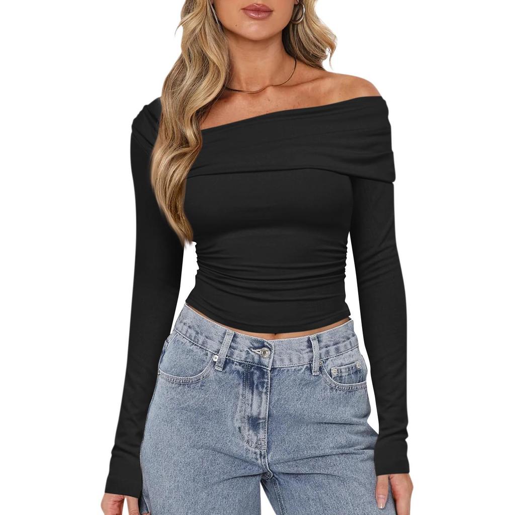 Женская мода, однотонный плиссированный топ на одно плечо с длинными рукавами, облегающий короткий топ с открытым пупком