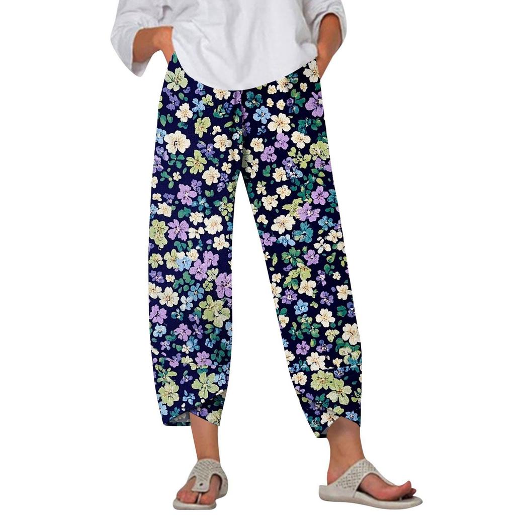 Брюки женские летние повседневные широкие брюки с эластичной резинкой на талии и принтом с карманами