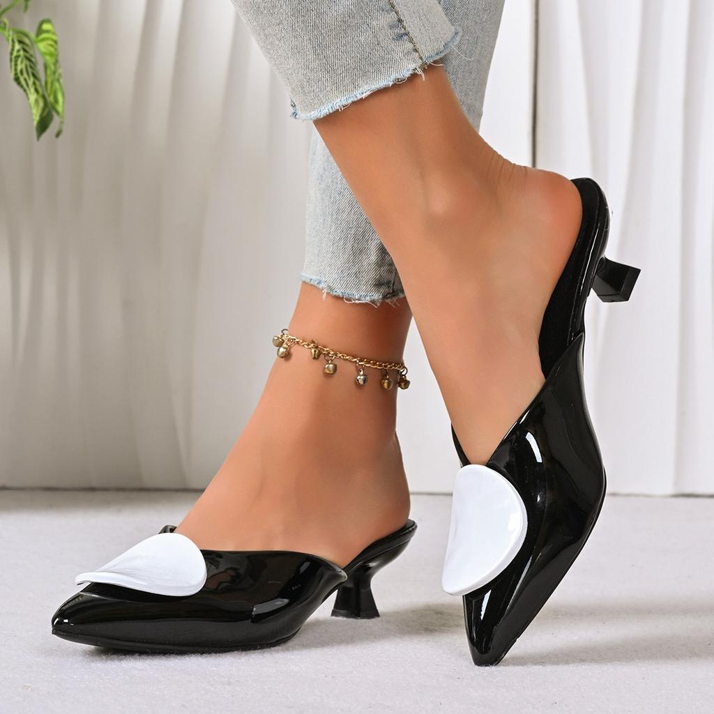 Elegant French Metal Buckle Pointed Toe Mules Women Thin Kitten Heel Half Slippers Outdoor Autumn Wear