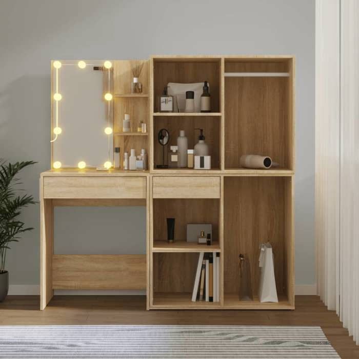 Coiffeuse - MAISON EXCLUSIVE - Chêne sonoma - LED miroir - 2 armoires - Grand rangement