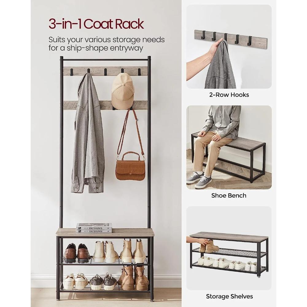 Вешалка-стойка с лавкой для хранения обуви, скамья для прихожей с местом для хранения обуви, для прихожей, серо-бежевый и черный