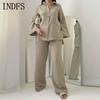 INDFS Women's Fashion Casual Spring Fall Solid Color Print Long Sleeve POLO Neck Blouses & Shirts Trousers Pants Suits